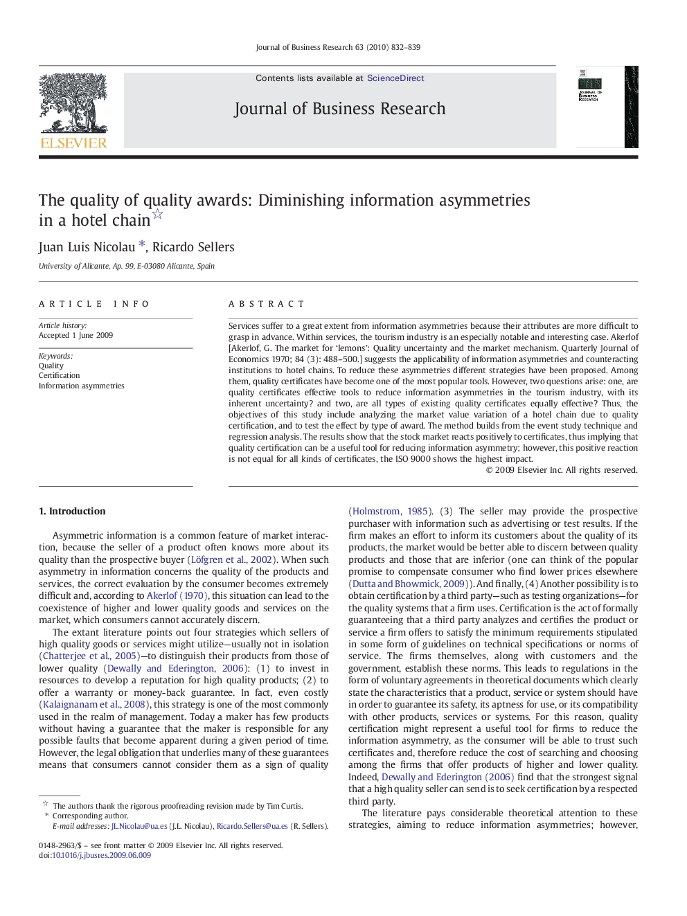 The quality of quality awards: Diminishing information asymmetries in a hotel chain 