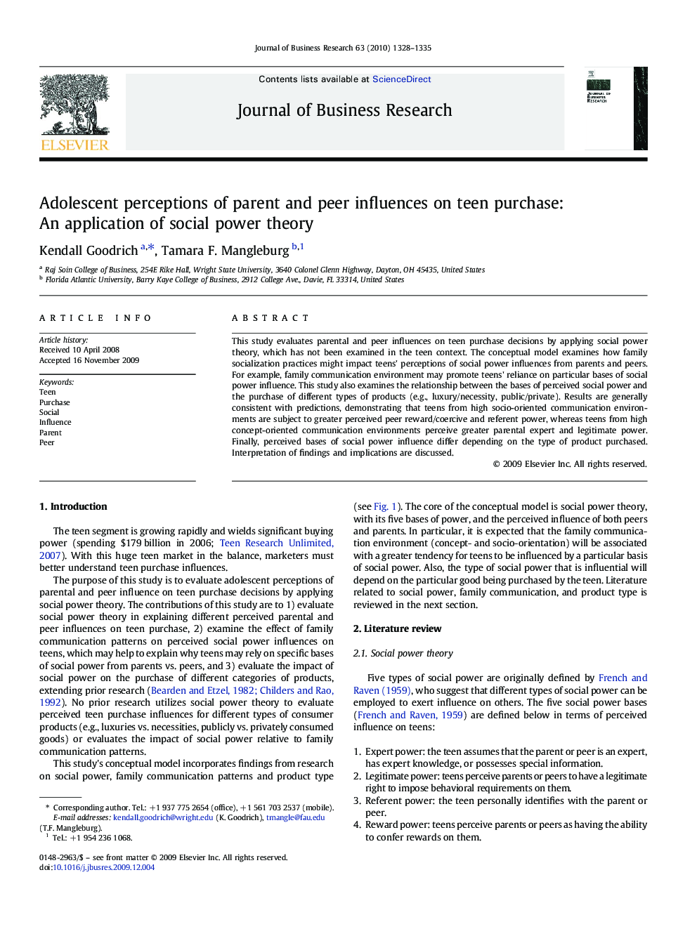 Adolescent perceptions of parent and peer influences on teen purchase: An application of social power theory