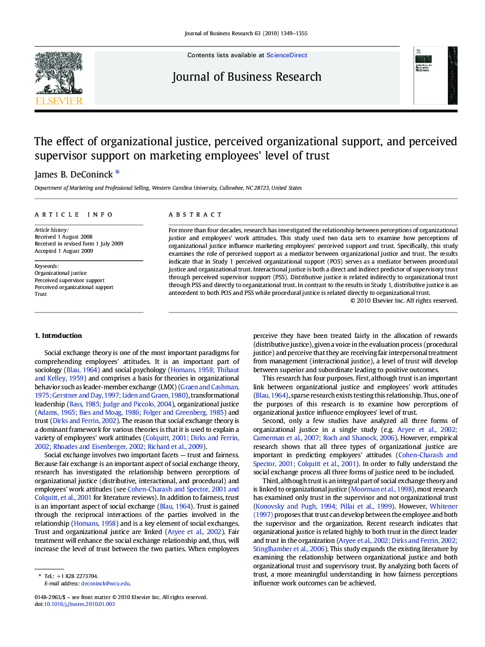 The effect of organizational justice, perceived organizational support, and perceived supervisor support on marketing employees' level of trust