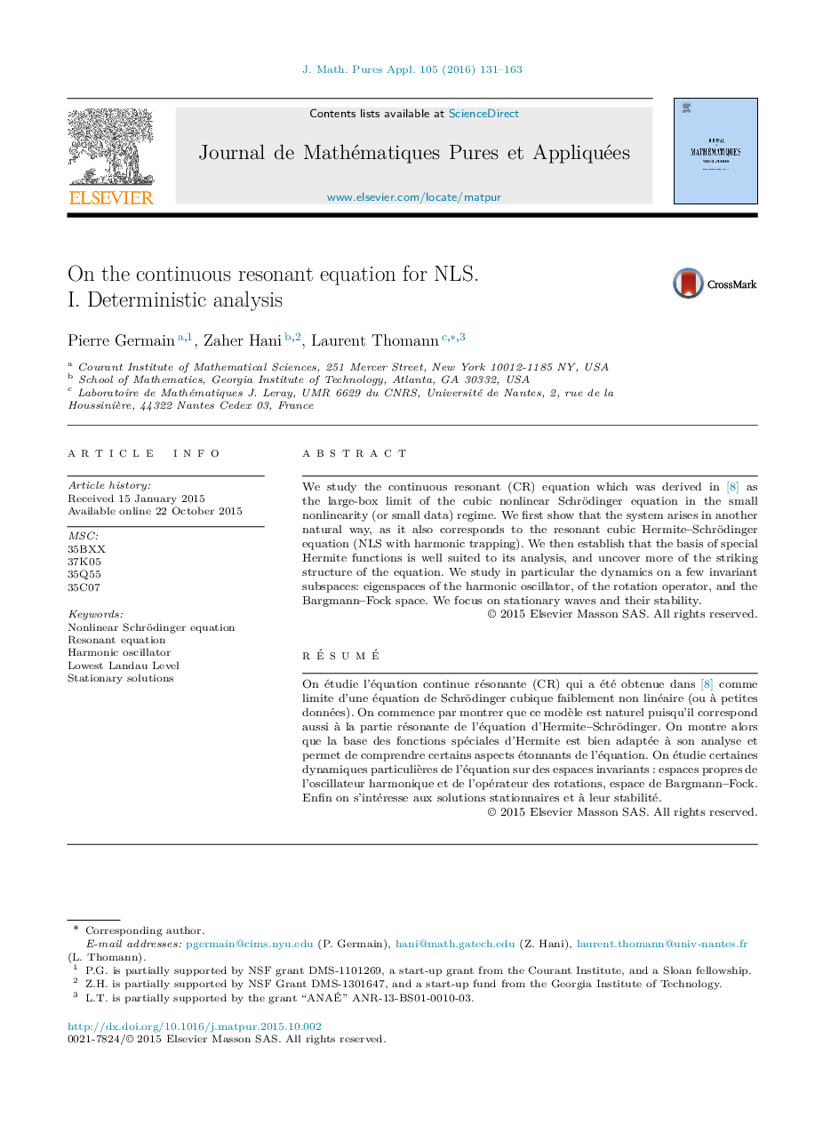 On the continuous resonant equation for NLS. I. Deterministic analysis