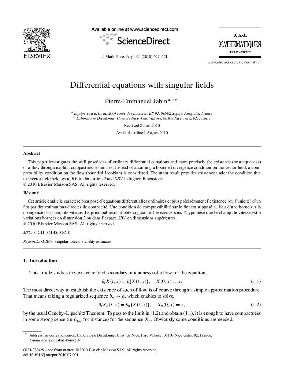 Differential equations with singular fields