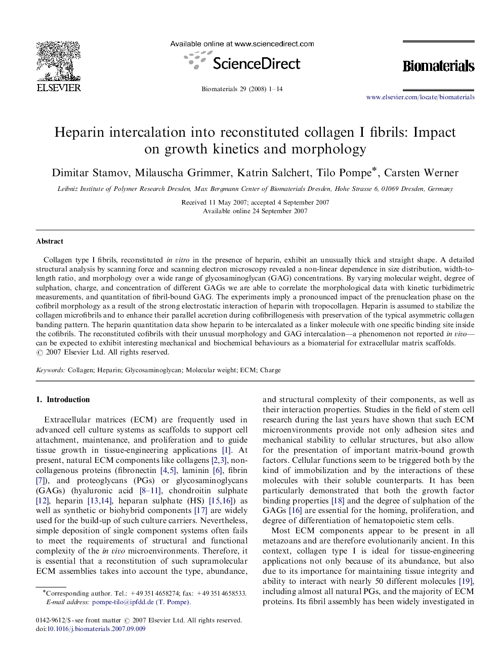 Heparin intercalation into reconstituted collagen I fibrils: Impact on growth kinetics and morphology