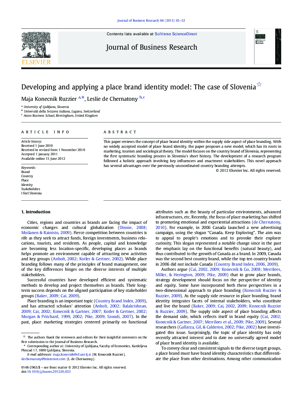 Developing and applying a place brand identity model: The case of Slovenia 