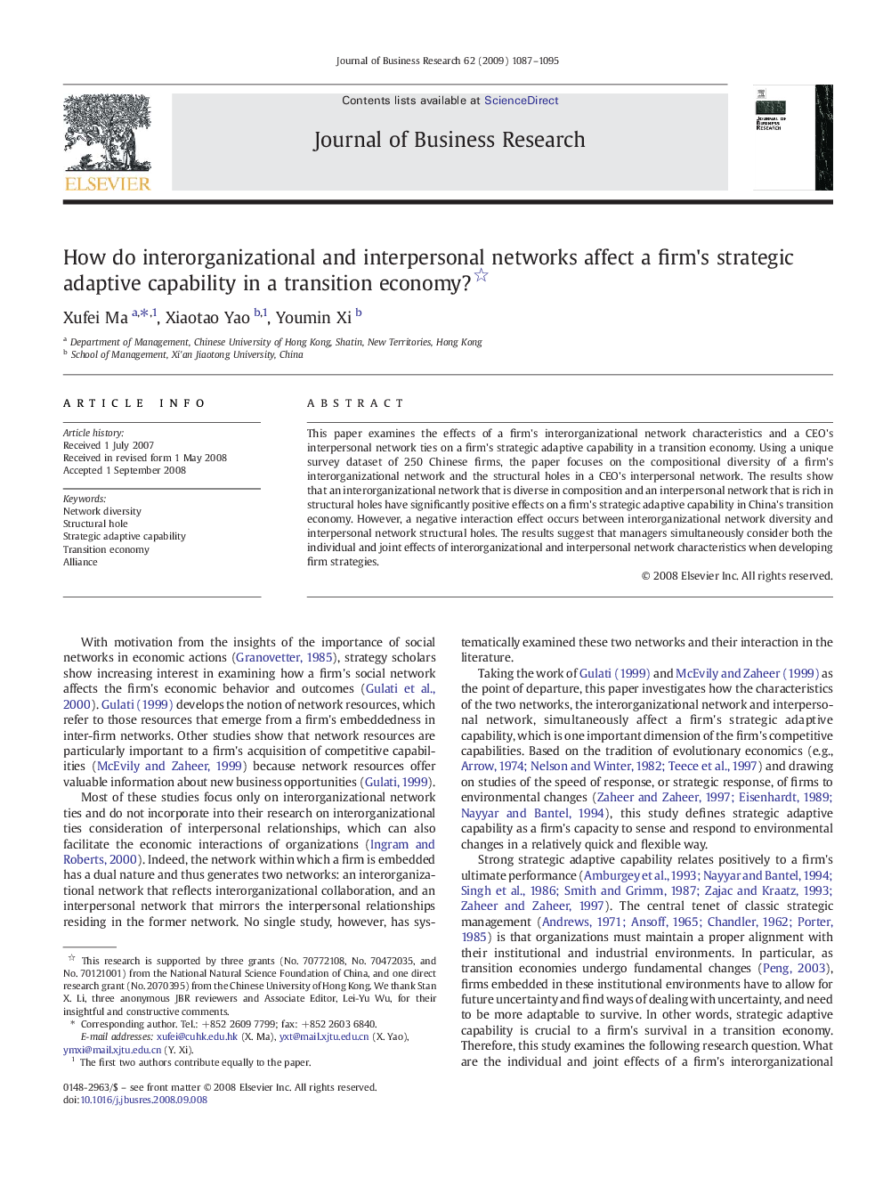 How do interorganizational and interpersonal networks affect a firm's strategic adaptive capability in a transition economy? 