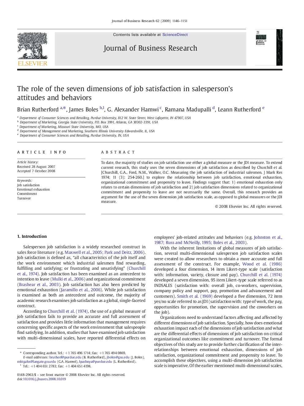 The role of the seven dimensions of job satisfaction in salesperson's attitudes and behaviors