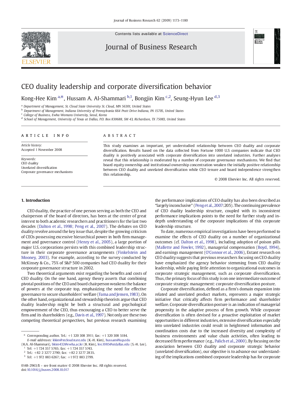 CEO duality leadership and corporate diversification behavior