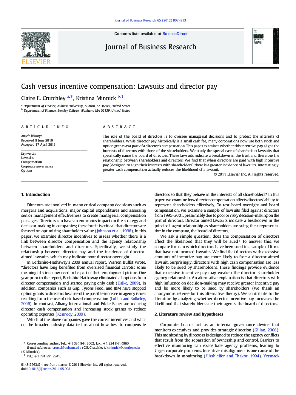 Cash versus incentive compensation: Lawsuits and director pay