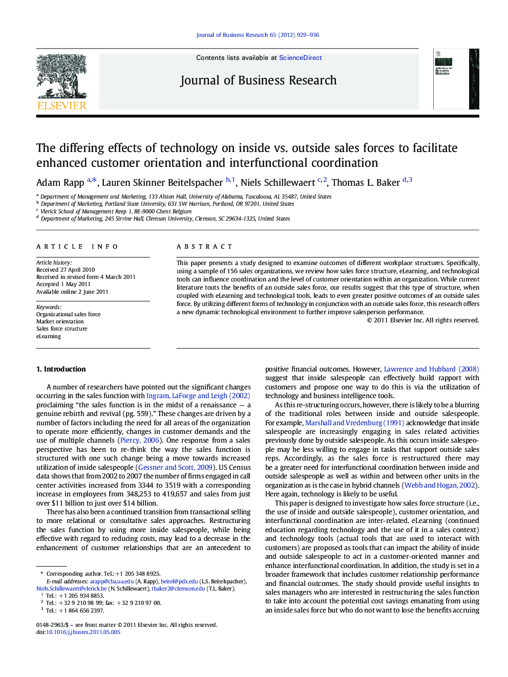 The differing effects of technology on inside vs. outside sales forces to facilitate enhanced customer orientation and interfunctional coordination