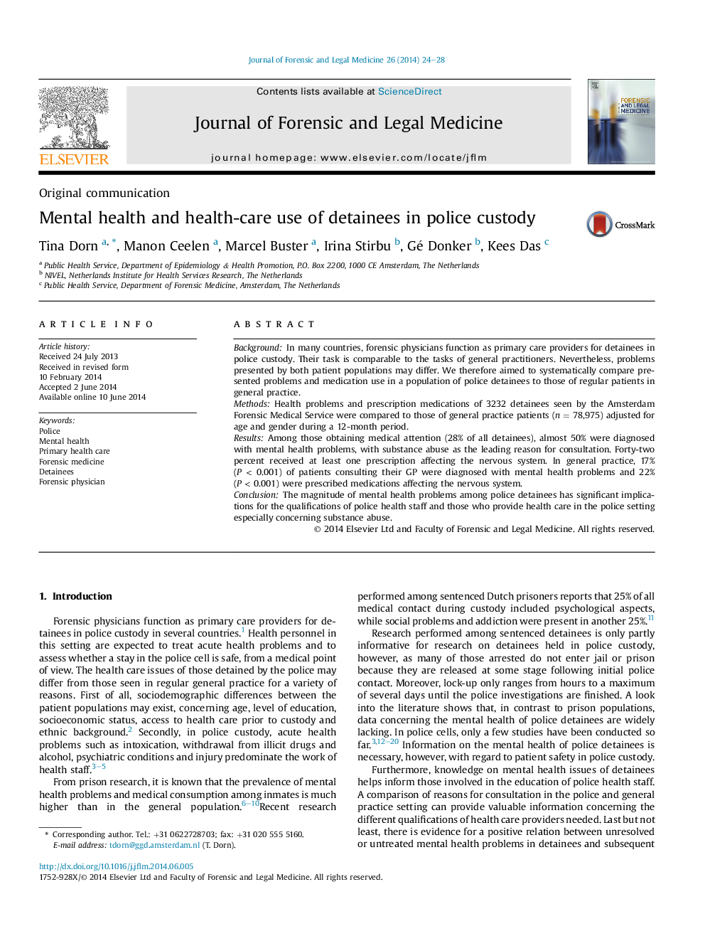 Mental health and health-care use of detainees in police custody