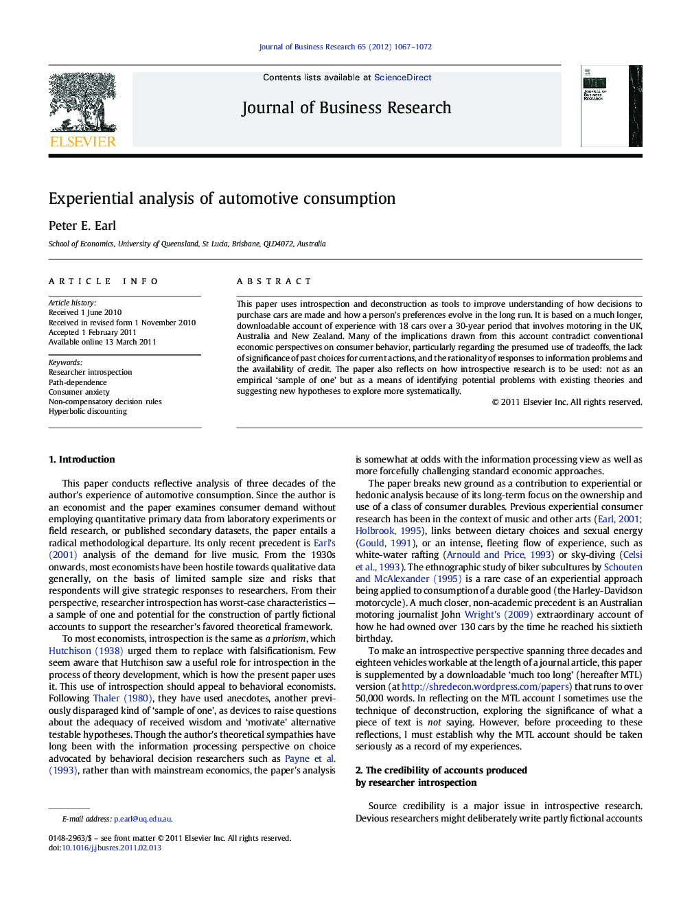 Experiential analysis of automotive consumption