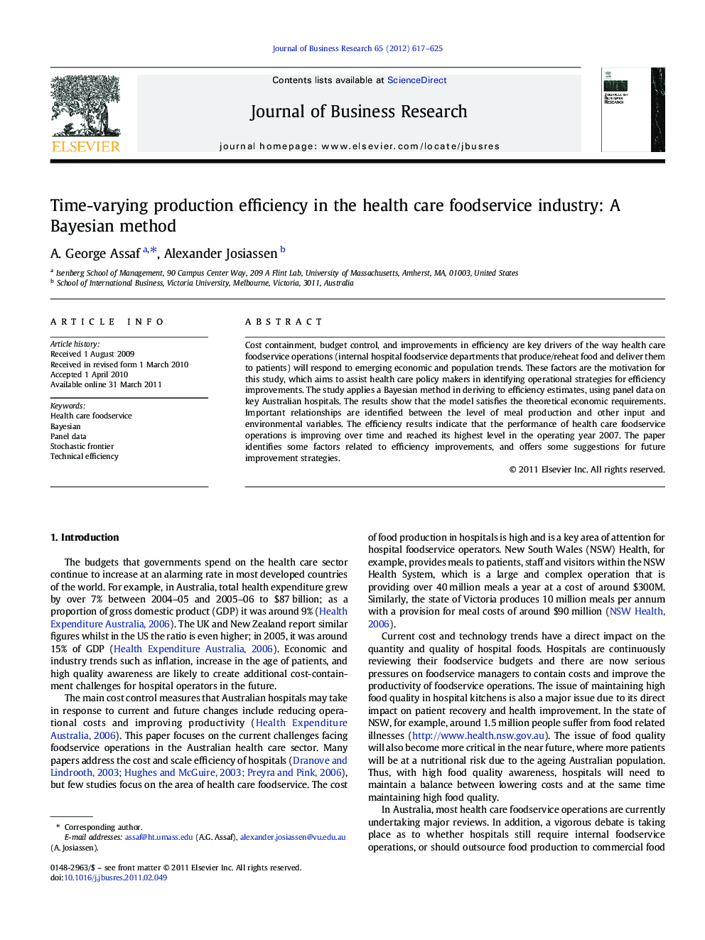 Time-varying production efficiency in the health care foodservice industry: A Bayesian method