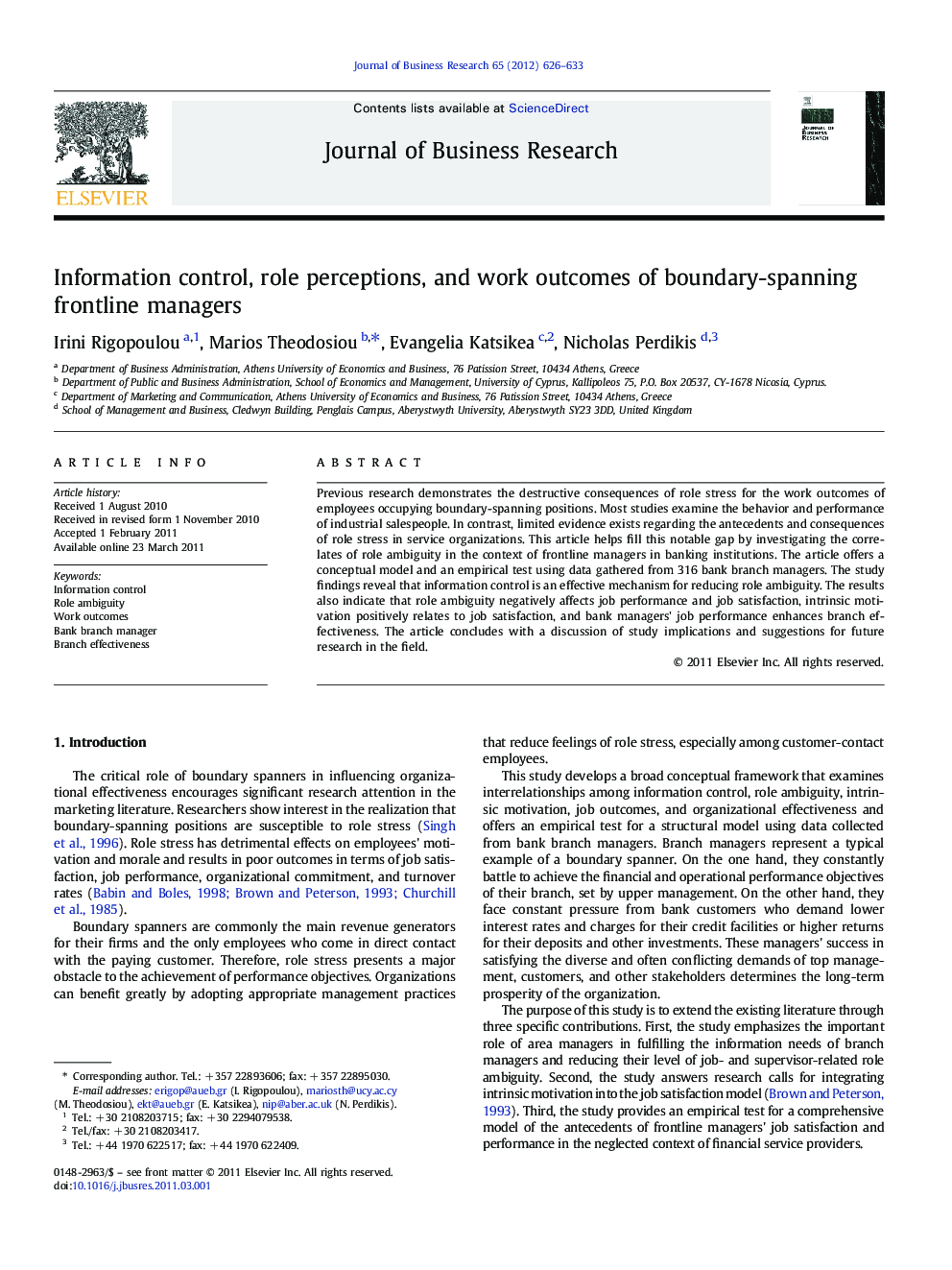 Information control, role perceptions, and work outcomes of boundary-spanning frontline managers