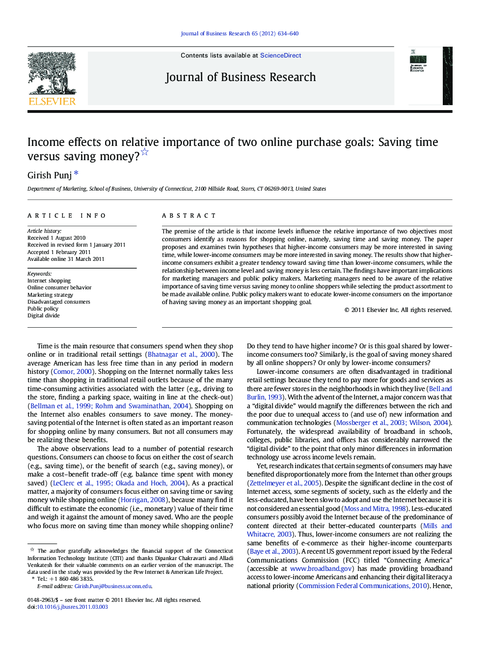 Income effects on relative importance of two online purchase goals: Saving time versus saving money? 