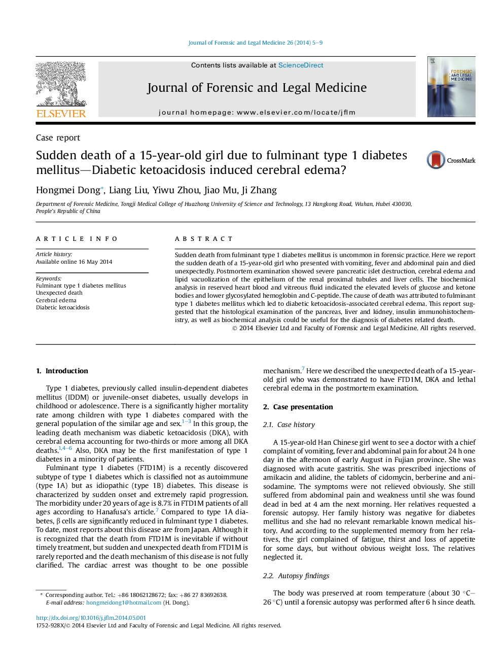 Sudden death of a 15-year-old girl due to fulminant type 1 diabetes mellitus—Diabetic ketoacidosis induced cerebral edema?