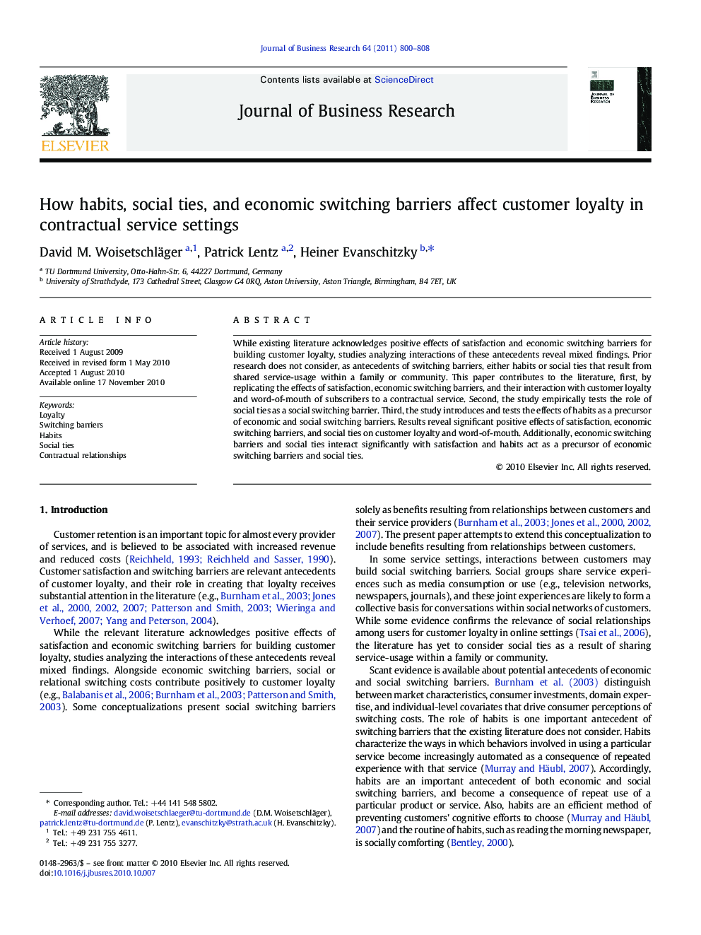 How habits, social ties, and economic switching barriers affect customer loyalty in contractual service settings