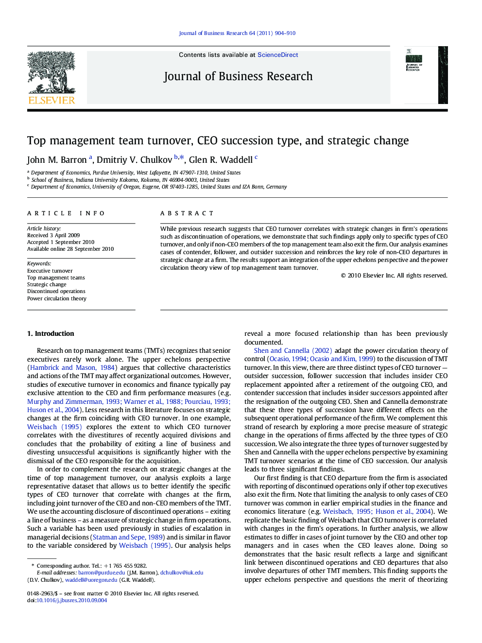 Top management team turnover, CEO succession type, and strategic change