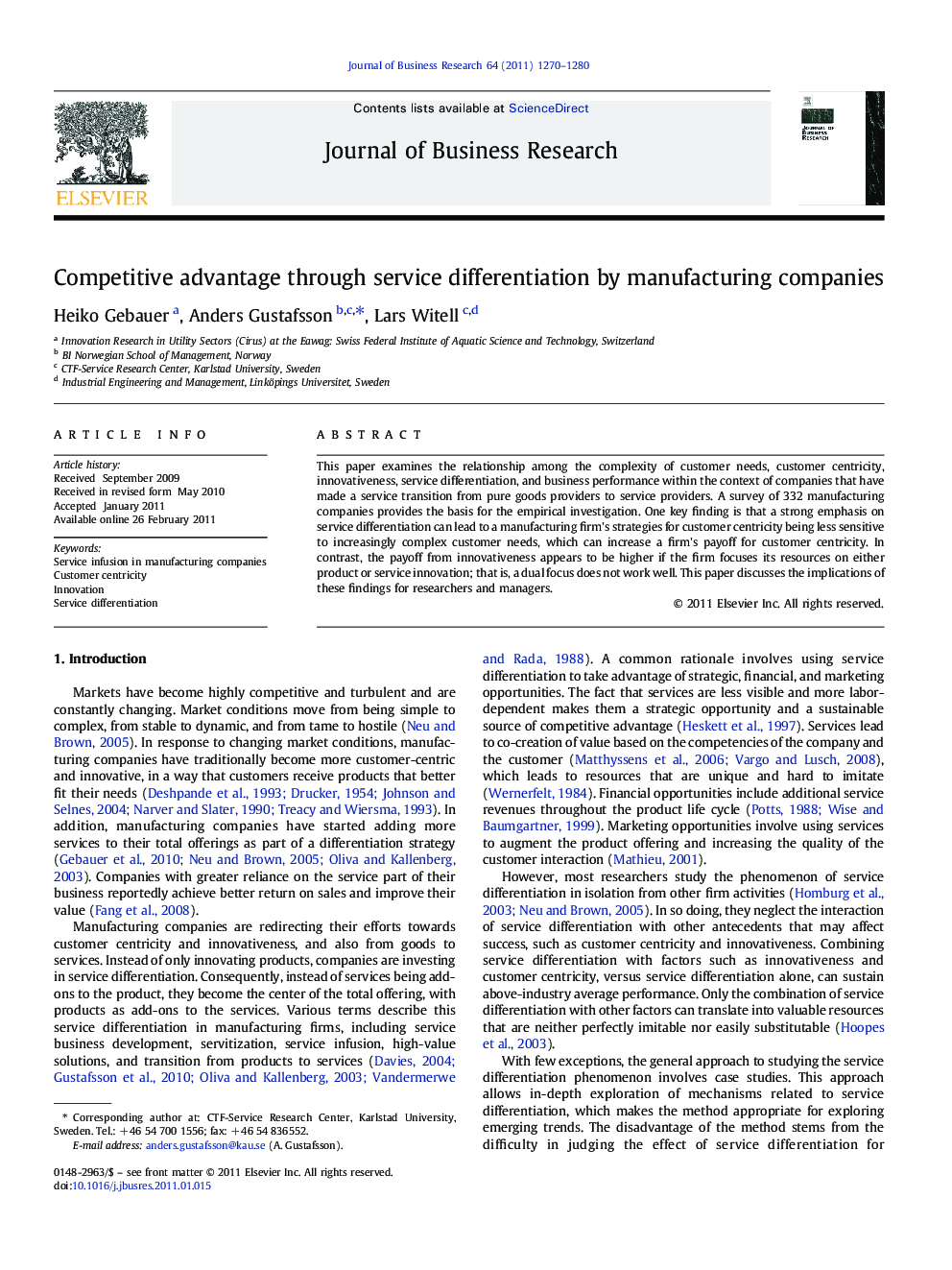 Competitive advantage through service differentiation by manufacturing companies