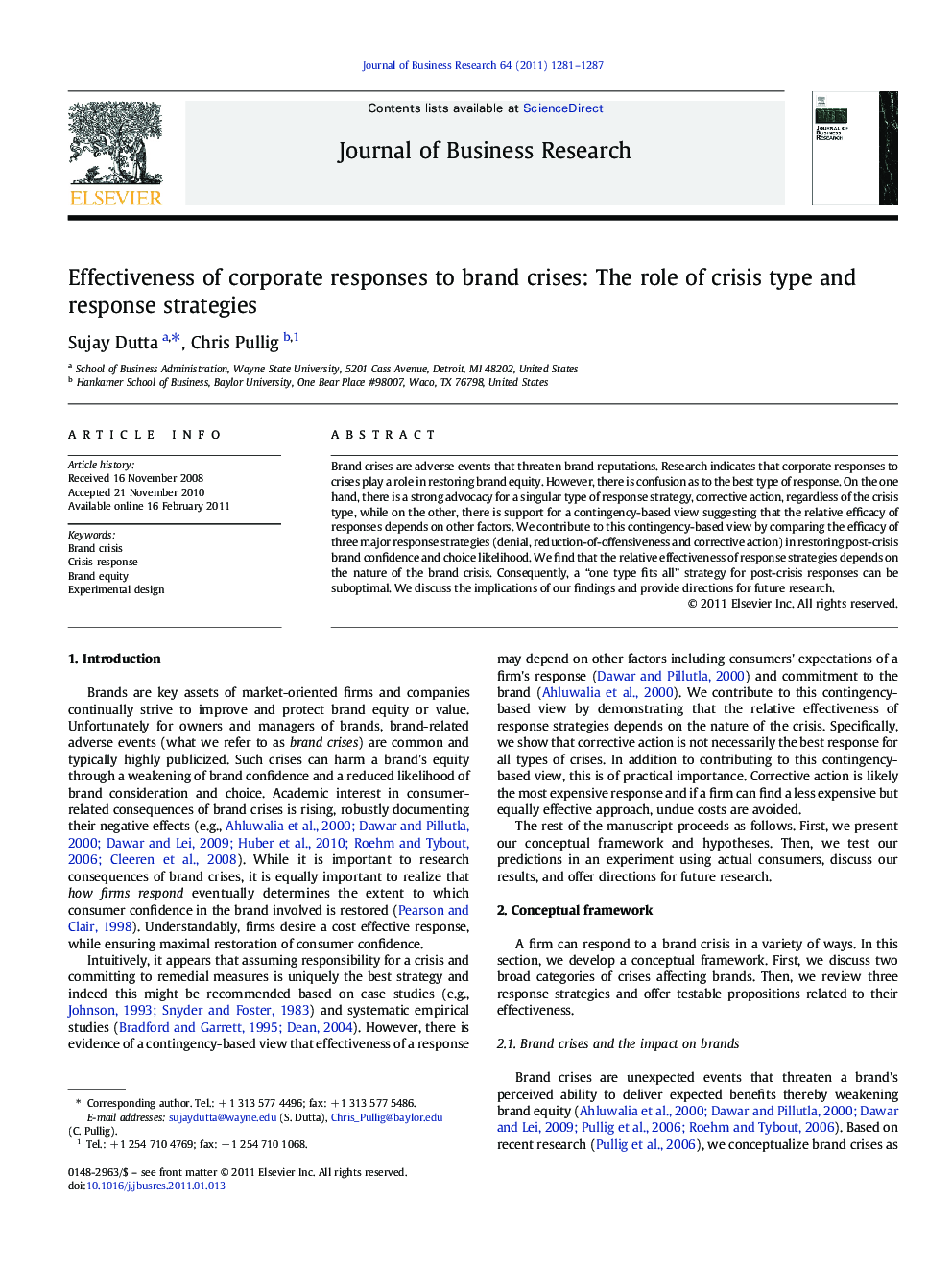Effectiveness of corporate responses to brand crises: The role of crisis type and response strategies