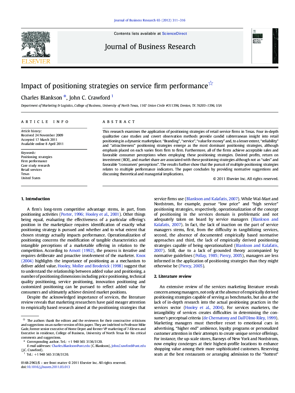 Impact of positioning strategies on service firm performance 