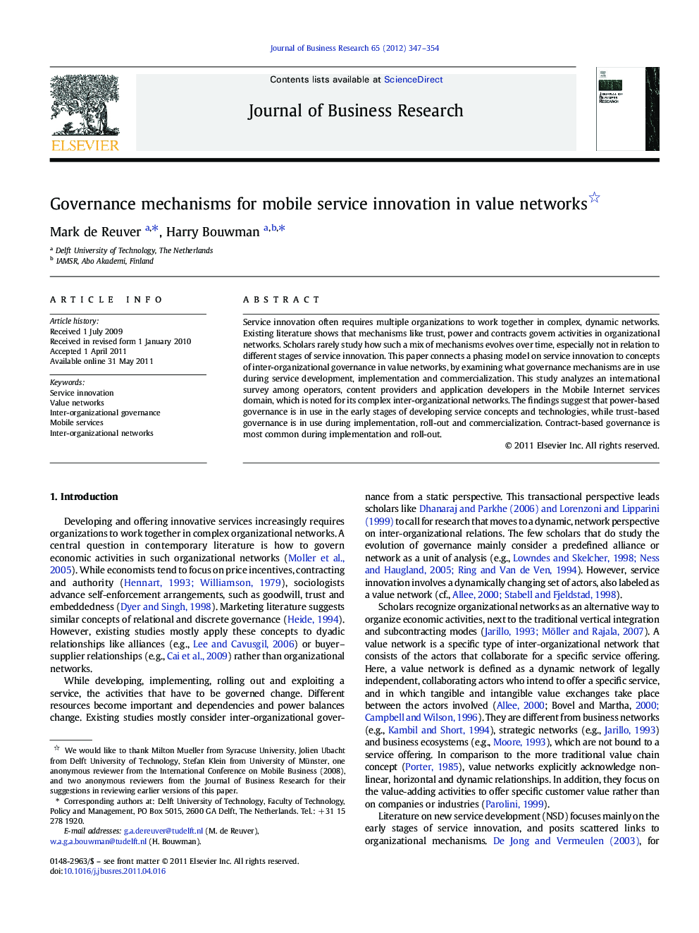 Governance mechanisms for mobile service innovation in value networks 