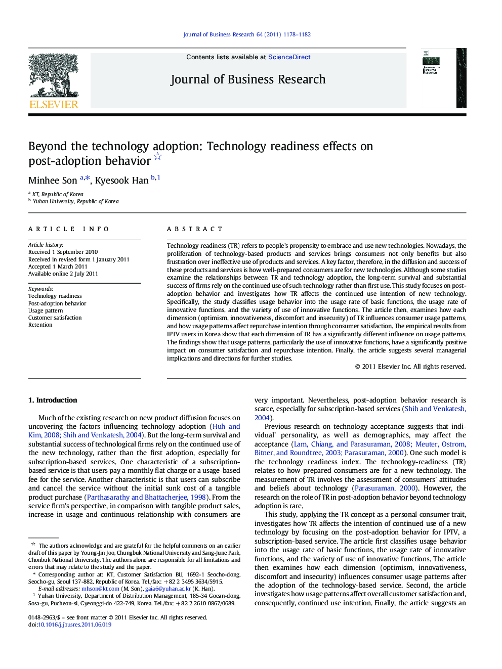 Beyond the technology adoption: Technology readiness effects on post-adoption behavior 