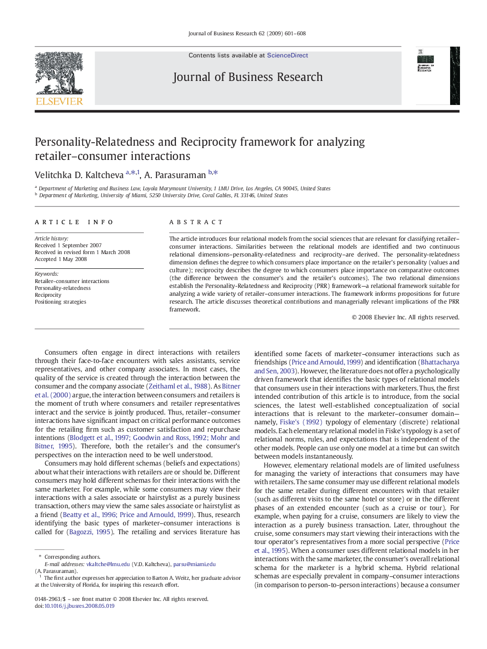 عکس صفحه اول مقاله: Personality-Relatedness and Reciprocity framework for analyzing retailer–consumer interactions Personality-Relatedness and Reciprocity framework for analyzing retailer–consumer interactions