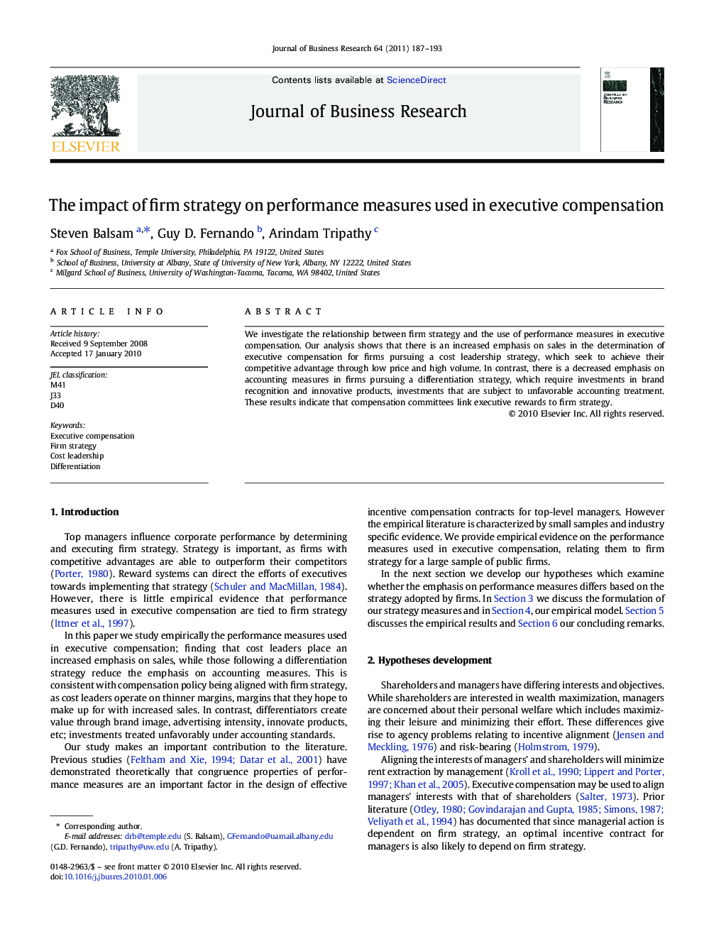 The impact of firm strategy on performance measures used in executive compensation