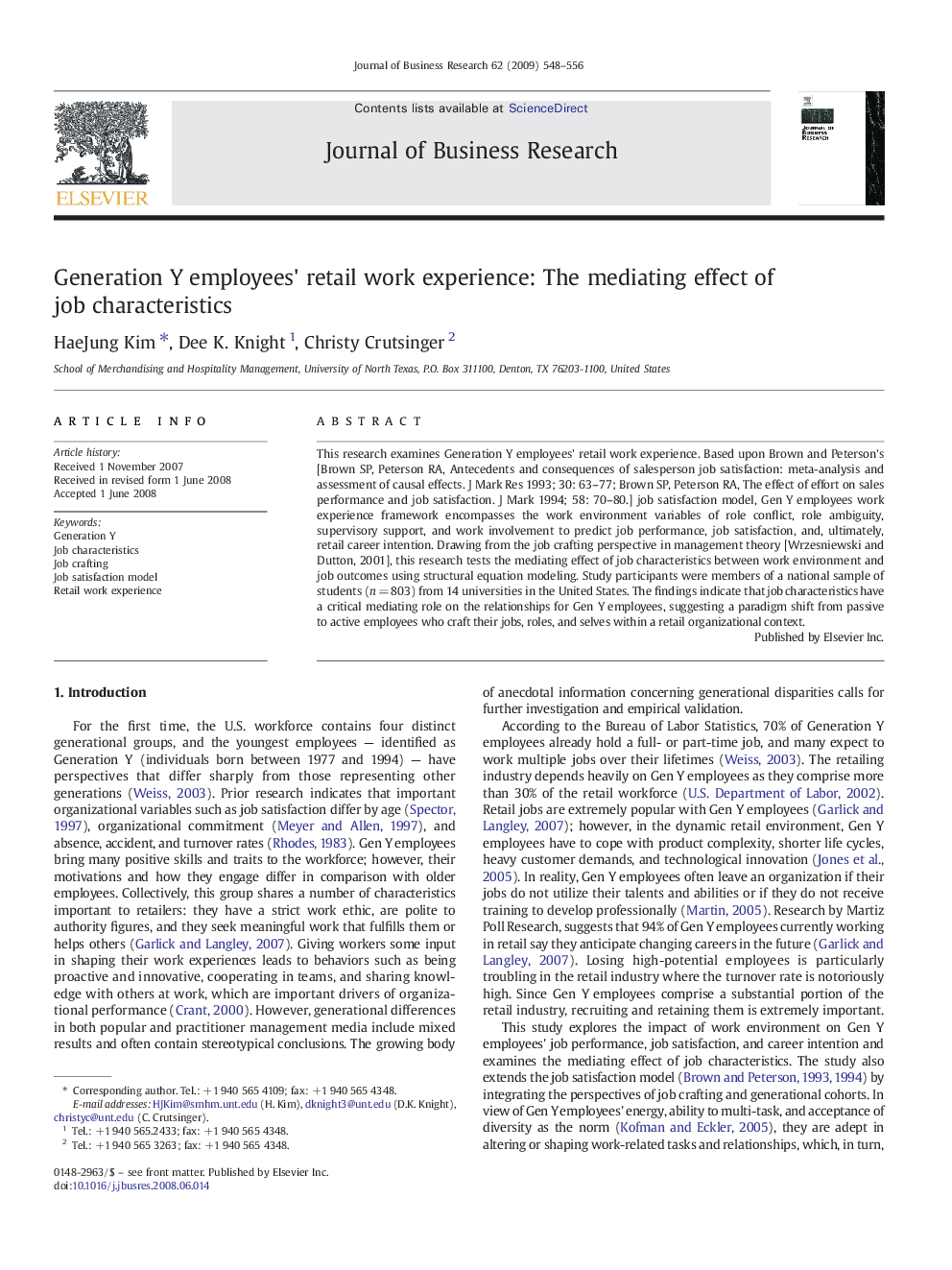 Generation Y employees' retail work experience: The mediating effect of job characteristics