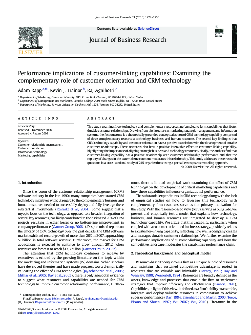 Performance implications of customer-linking capabilities: Examining the complementary role of customer orientation and CRM technology