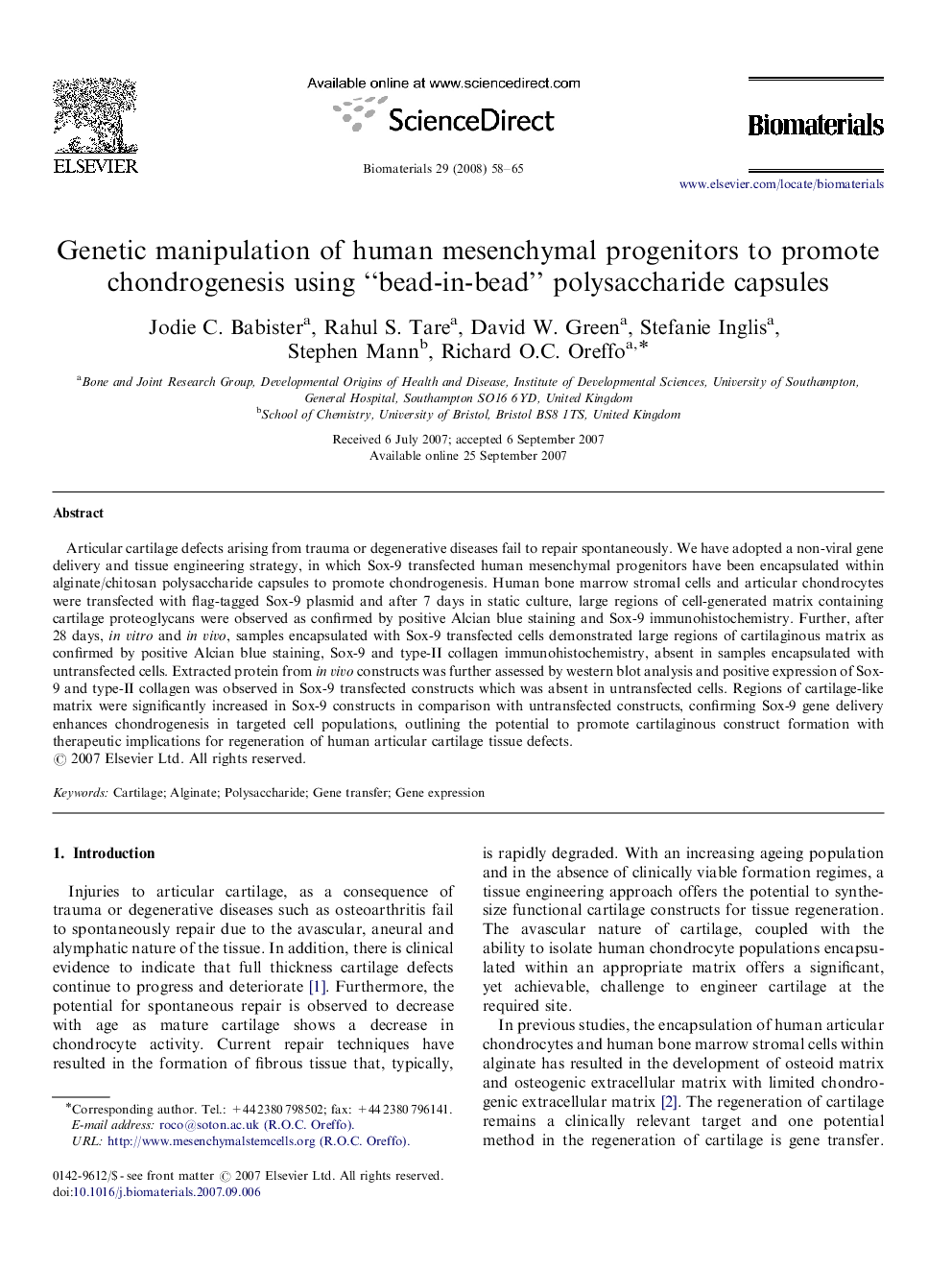 Genetic manipulation of human mesenchymal progenitors to promote chondrogenesis using “bead-in-bead” polysaccharide capsules