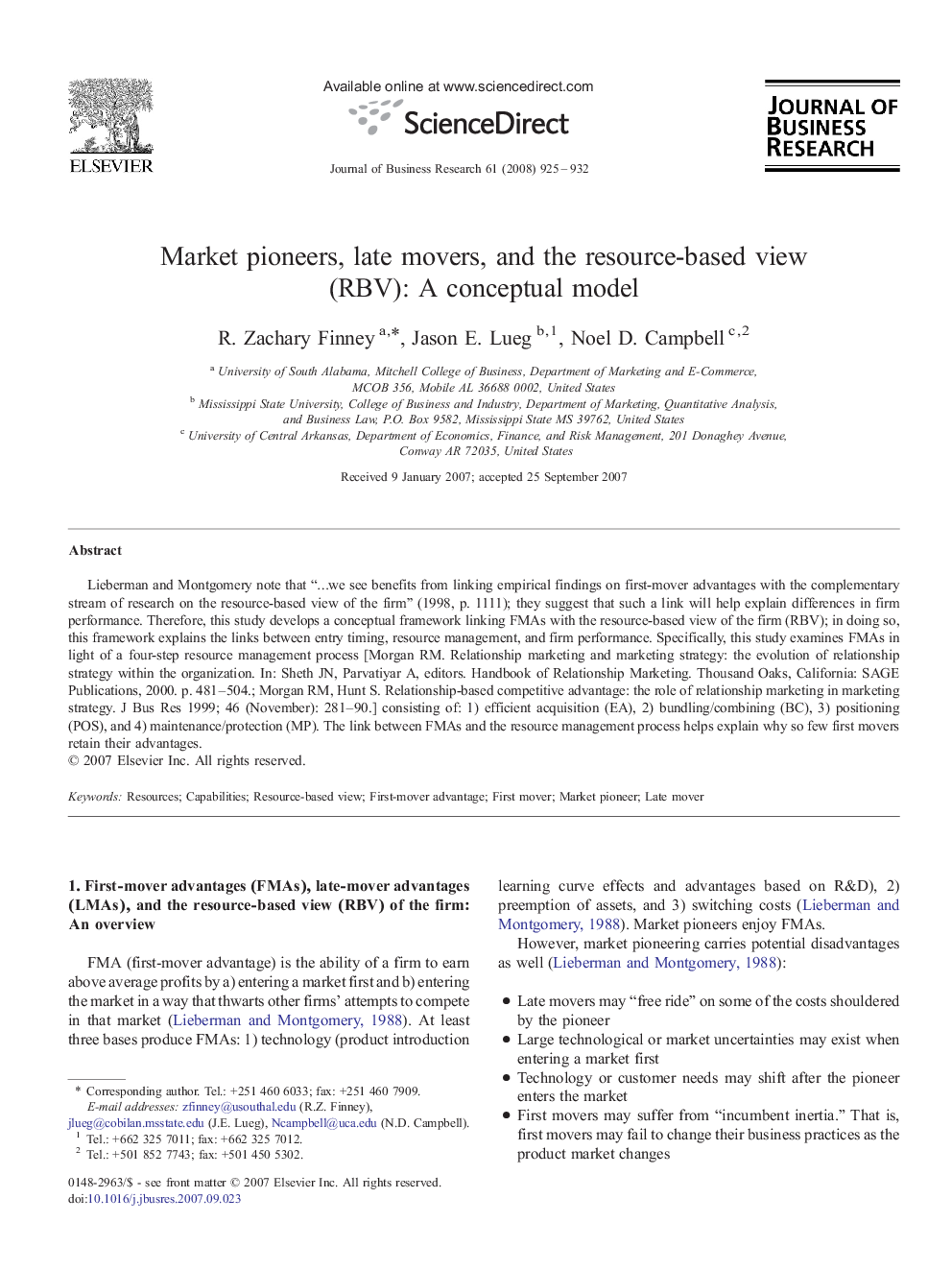 Market pioneers, late movers, and the resource-based view (RBV): A conceptual model