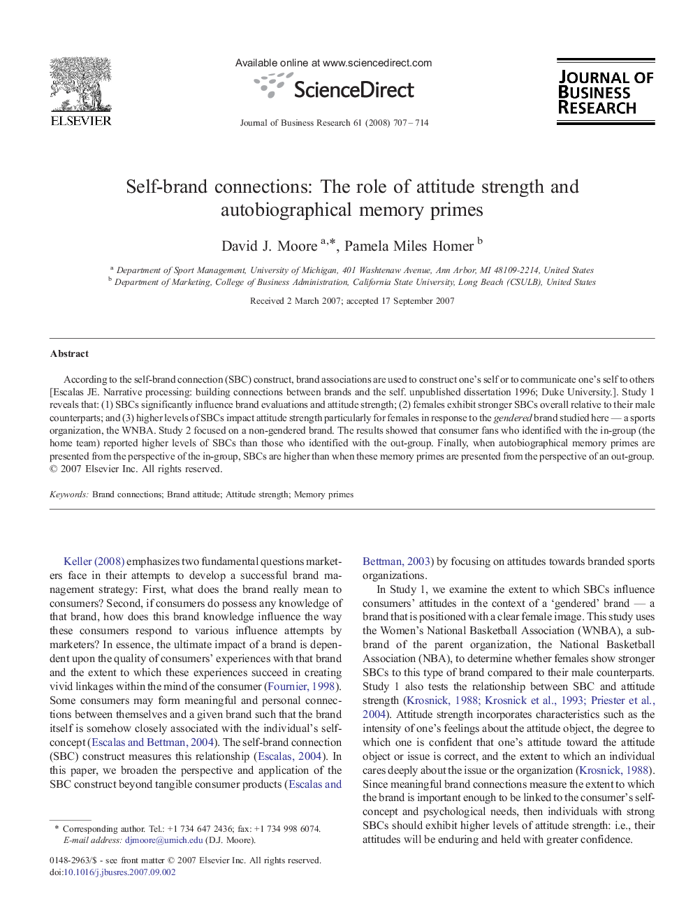 Self-brand connections: The role of attitude strength and autobiographical memory primes