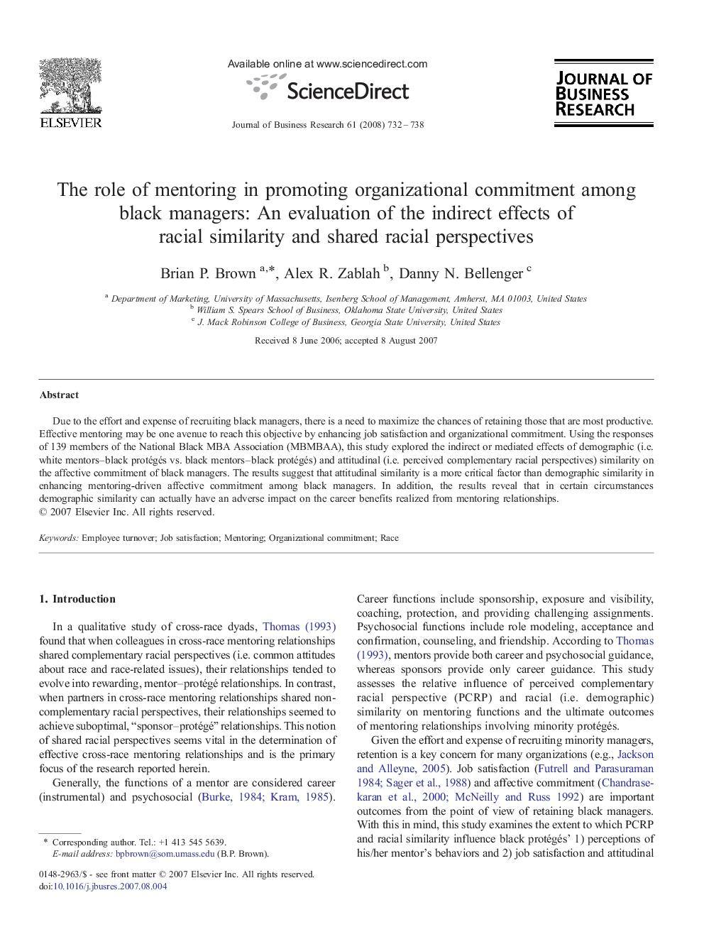 The role of mentoring in promoting organizational commitment among black managers: An evaluation of the indirect effects of racial similarity and shared racial perspectives