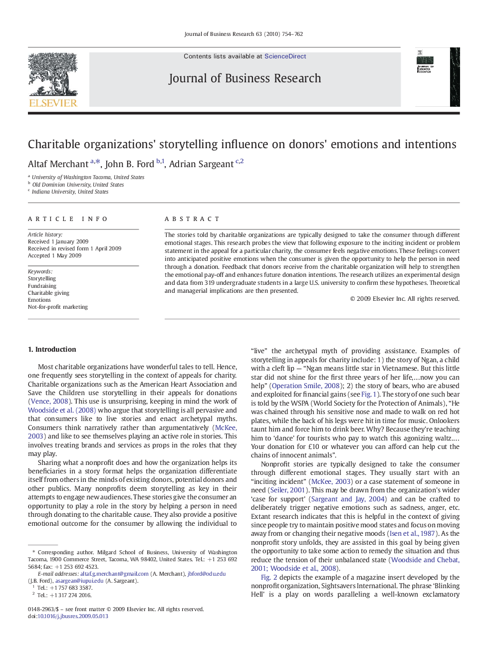 Charitable organizations' storytelling influence on donors' emotions and intentions