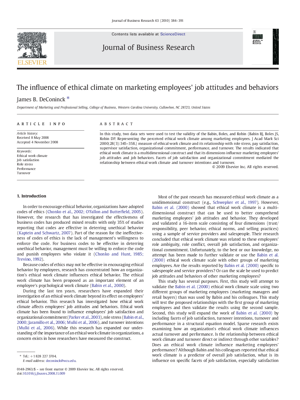 The influence of ethical climate on marketing employees' job attitudes and behaviors