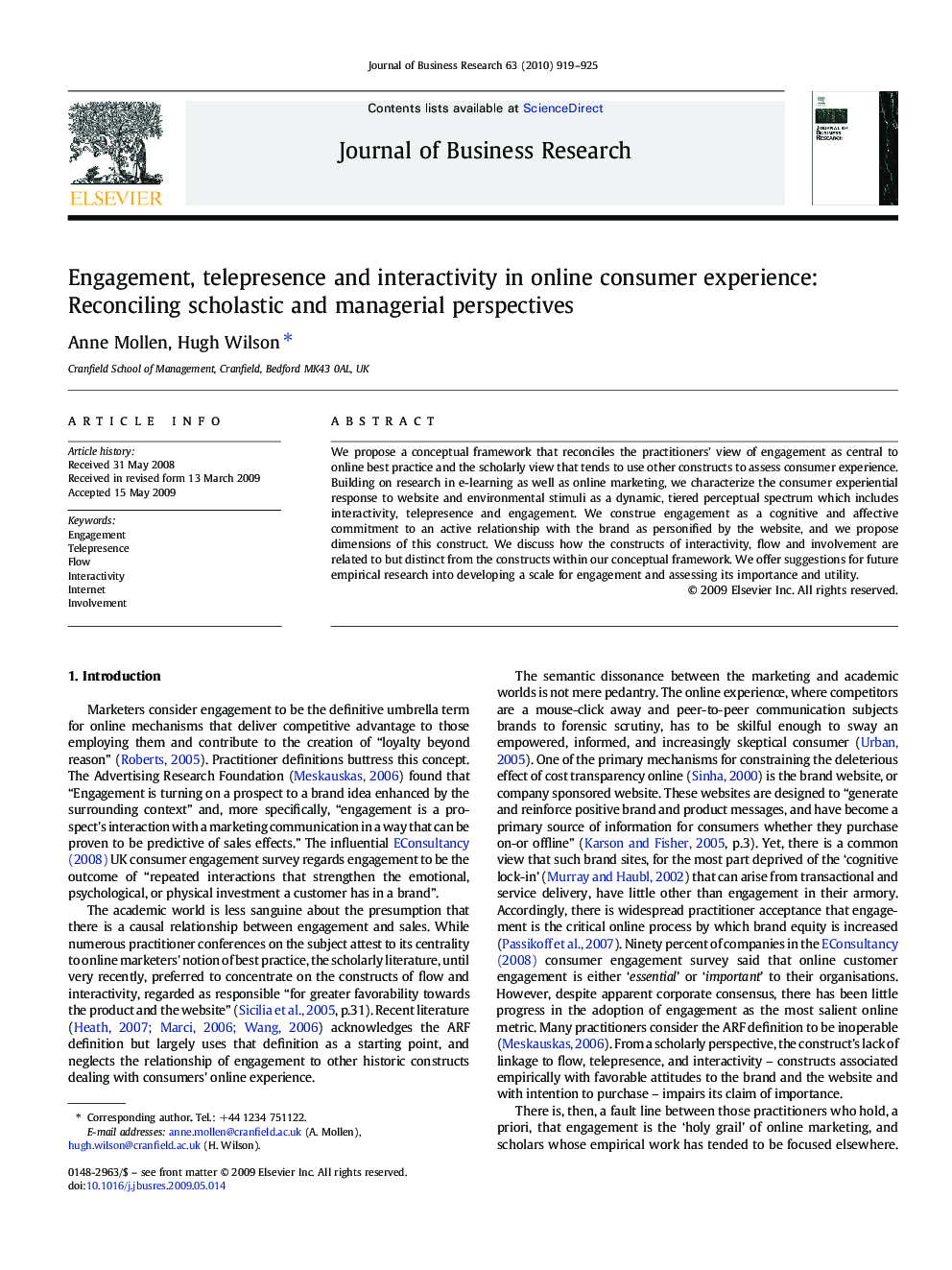 Engagement, telepresence and interactivity in online consumer experience: Reconciling scholastic and managerial perspectives