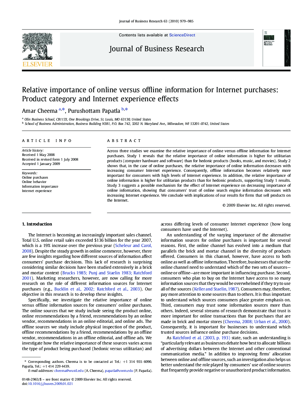 Relative importance of online versus offline information for Internet purchases: Product category and Internet experience effects