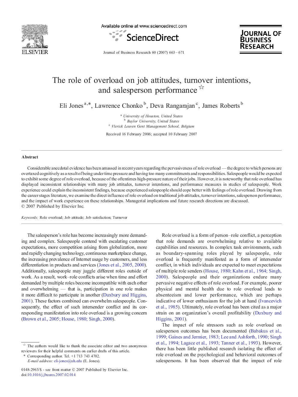 The role of overload on job attitudes, turnover intentions, and salesperson performance 