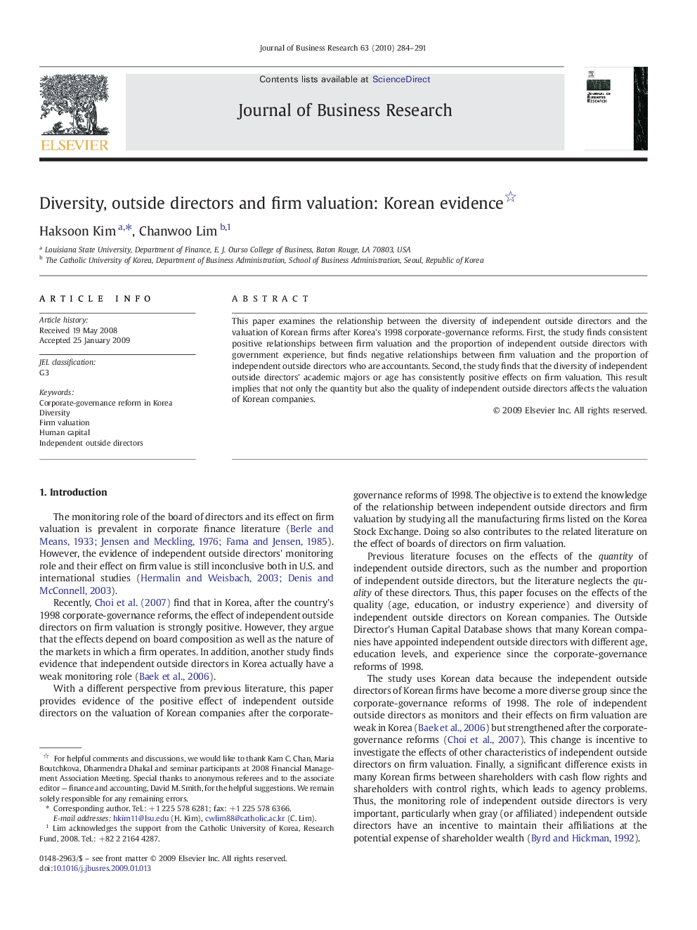 Diversity, outside directors and firm valuation: Korean evidence 