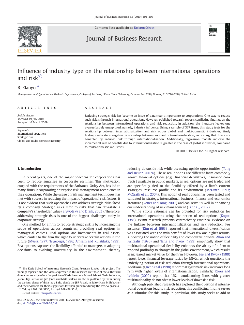 Influence of industry type on the relationship between international operations and risk 