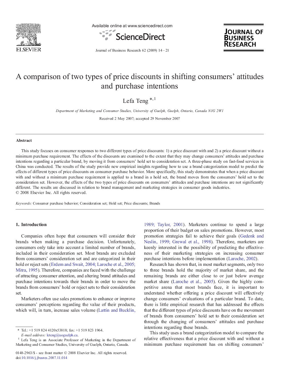 A comparison of two types of price discounts in shifting consumers' attitudes and purchase intentions