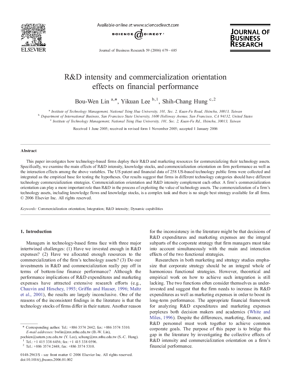 R&D intensity and commercialization orientation effects on financial performance