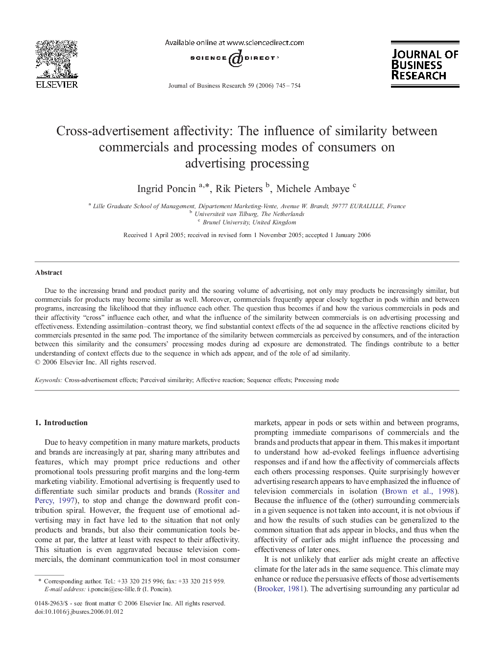 Cross-advertisement affectivity: The influence of similarity between commercials and processing modes of consumers on advertising processing