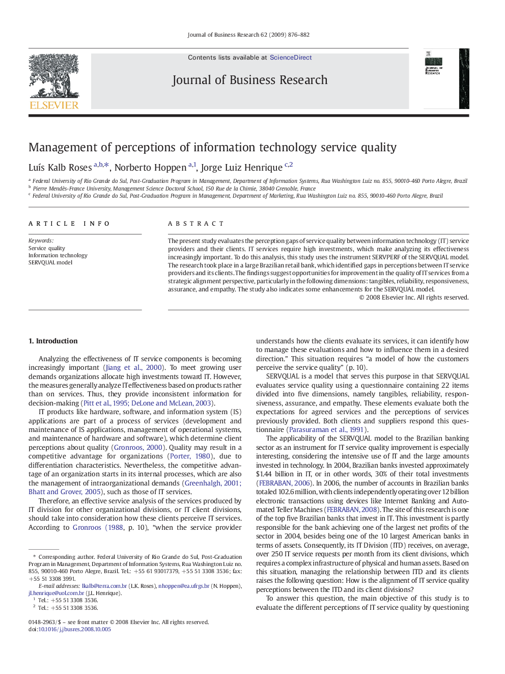 Management of perceptions of information technology service quality