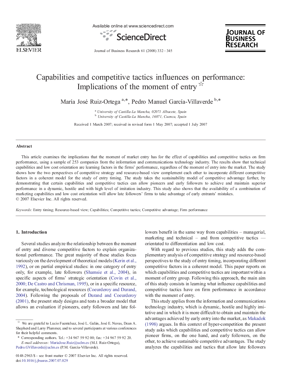 Capabilities and competitive tactics influences on performance: Implications of the moment of entry 