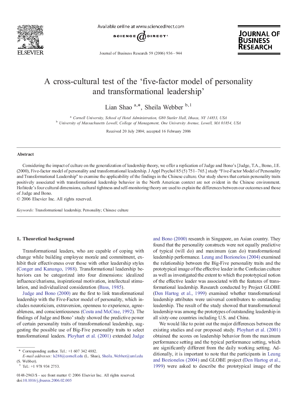 A cross-cultural test of the ‘five-factor model of personality and transformational leadership’