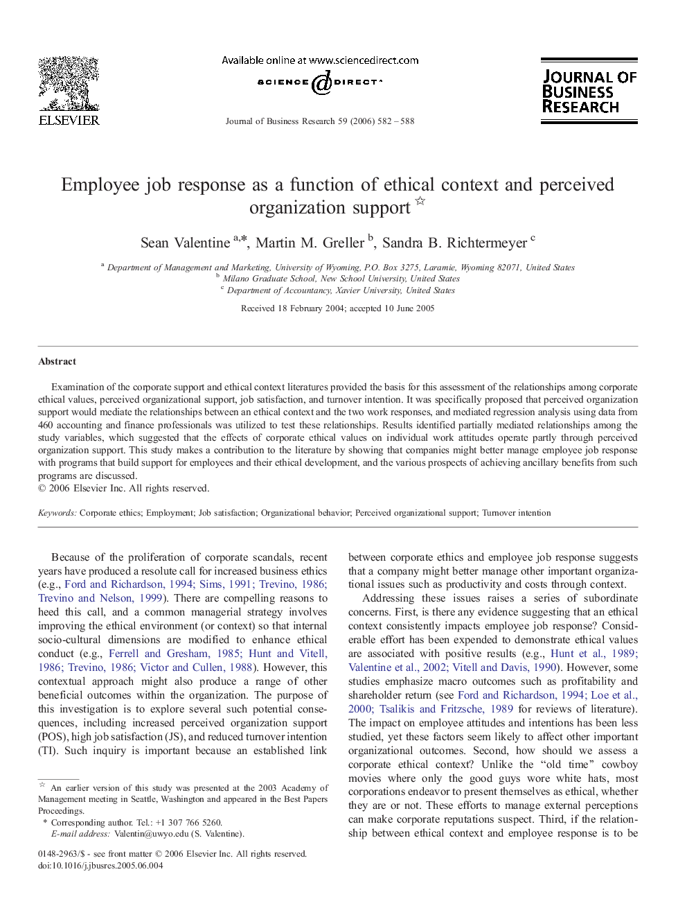 Employee job response as a function of ethical context and perceived organization support 