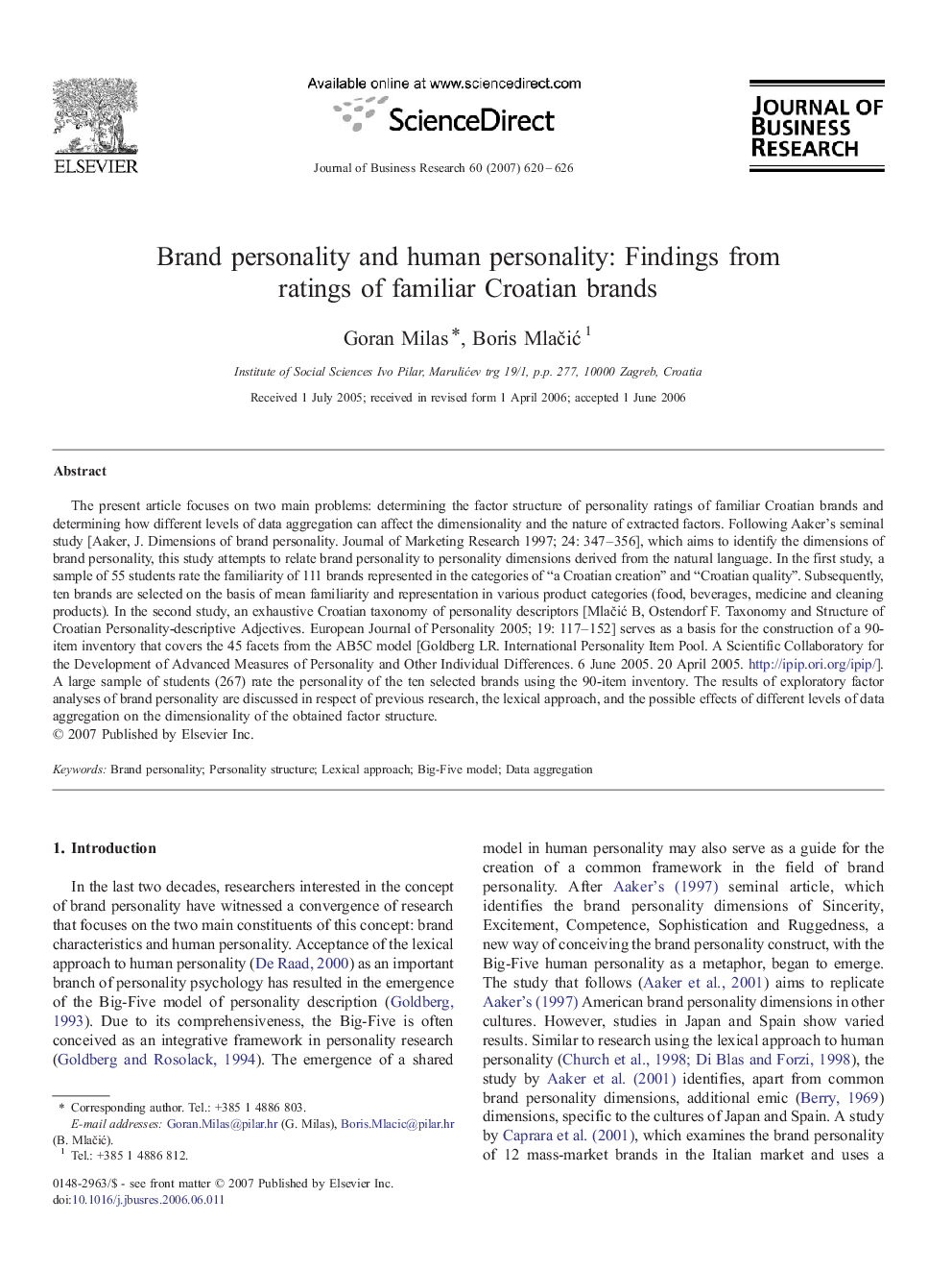 Brand personality and human personality: Findings from ratings of familiar Croatian brands