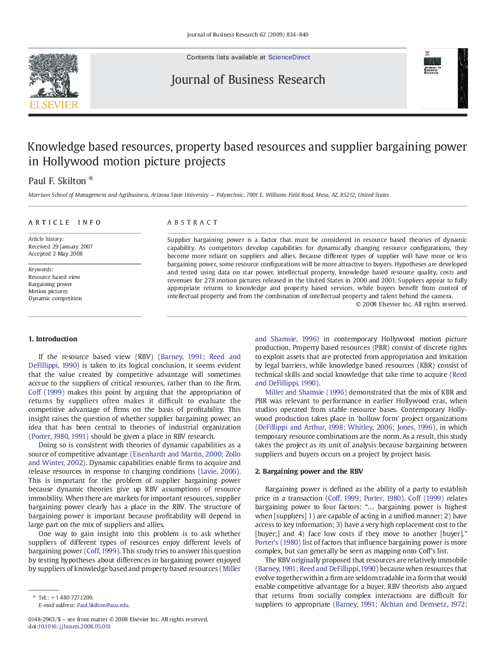 Knowledge based resources, property based resources and supplier bargaining power in Hollywood motion picture projects