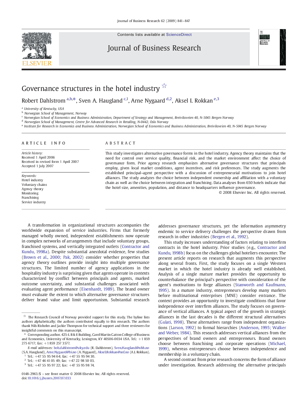 Governance structures in the hotel industry 